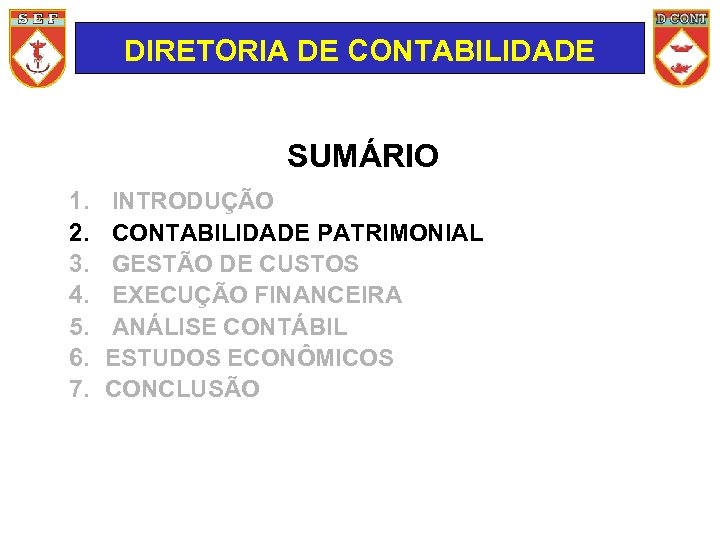 DIRETORIA DE CONTABILIDADE SUMÁRIO 1. 2. 3. 4. 5. 6. 7. INTRODUÇÃO CONTABILIDADE PATRIMONIAL