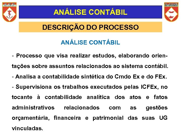 ANÁLISE CONTÁBIL DESCRIÇÃO DO PROCESSO ANÁLISE CONTÁBIL - Processo que visa realizar estudos, elaborando