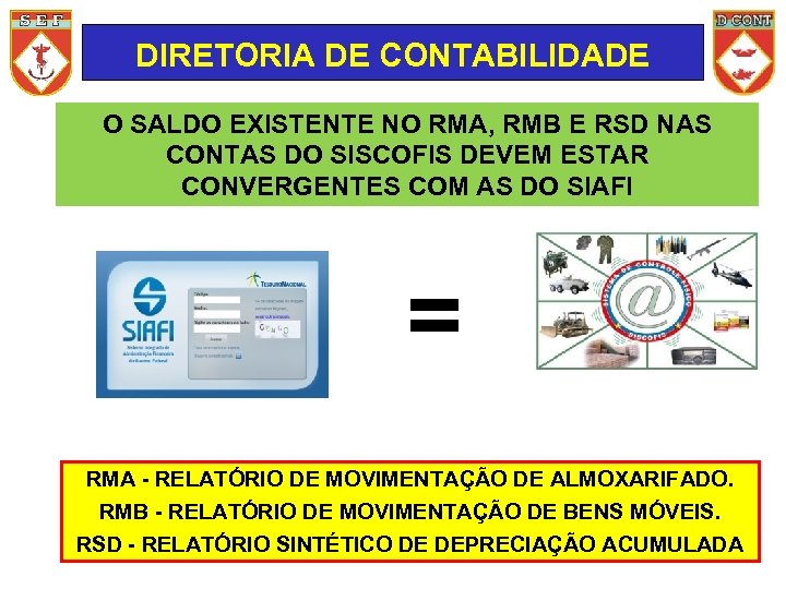 DIRETORIA DE CONTABILIDADE O SALDO EXISTENTE NO RMA, RMB E RSD NAS CONTAS DO