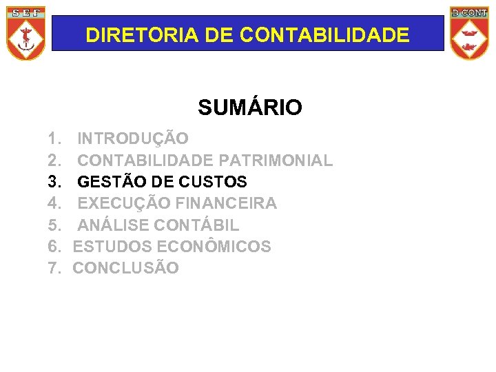 DIRETORIA DE CONTABILIDADE SUMÁRIO 1. 2. 3. 4. 5. 6. 7. INTRODUÇÃO CONTABILIDADE PATRIMONIAL