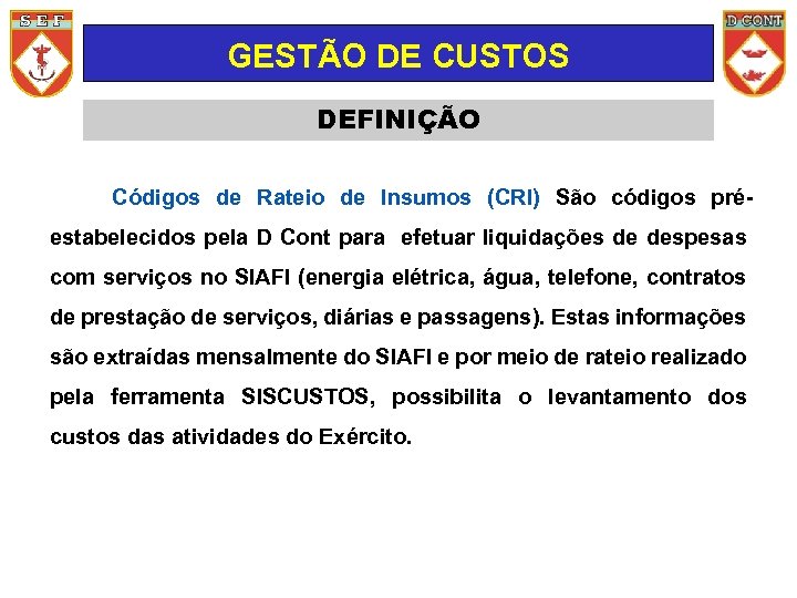 GESTÃO DE CUSTOS DEFINIÇÃO Códigos de Rateio de Insumos (CRI) São códigos préestabelecidos pela