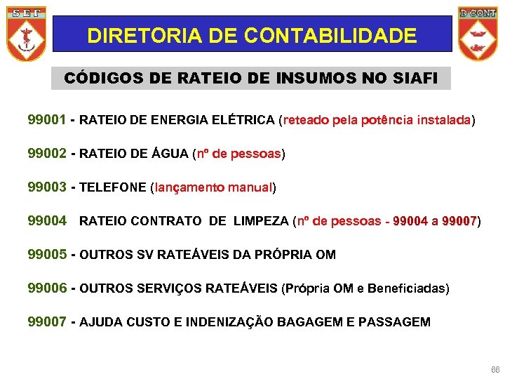 DIRETORIA DE CONTABILIDADE CÓDIGOS DE RATEIO DE INSUMOS NO SIAFI 99001 - RATEIO DE