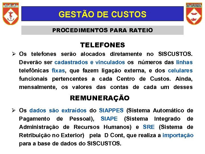 GESTÃO DE CUSTOS PROCEDIMENTOS PARA RATEIO TELEFONES Os telefones serão alocados diretamente no SISCUSTOS.