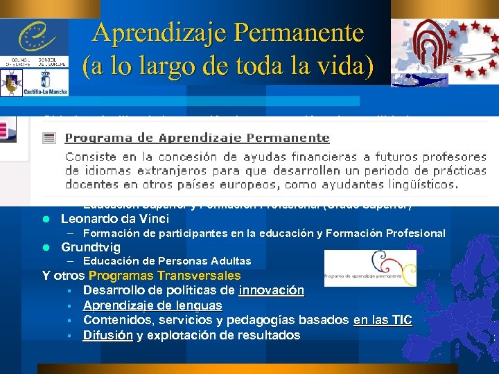 Aprendizaje Permanente (a lo largo de toda la vida) Objetivo: facilitar la interacción, la
