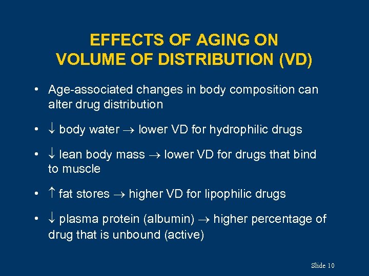 EFFECTS OF AGING ON VOLUME OF DISTRIBUTION (VD) • Age-associated changes in body composition