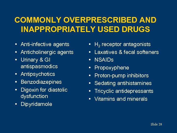 COMMONLY OVERPRESCRIBED AND INAPPROPRIATELY USED DRUGS • Anti-infective agents • Anticholinergic agents • Urinary