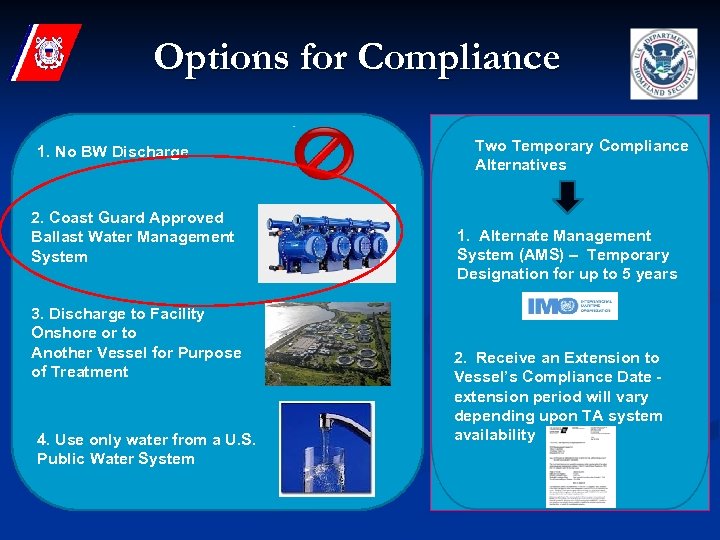 Options for Compliance 1. No BW Discharge 2. Coast Guard Approved Ballast Water Management