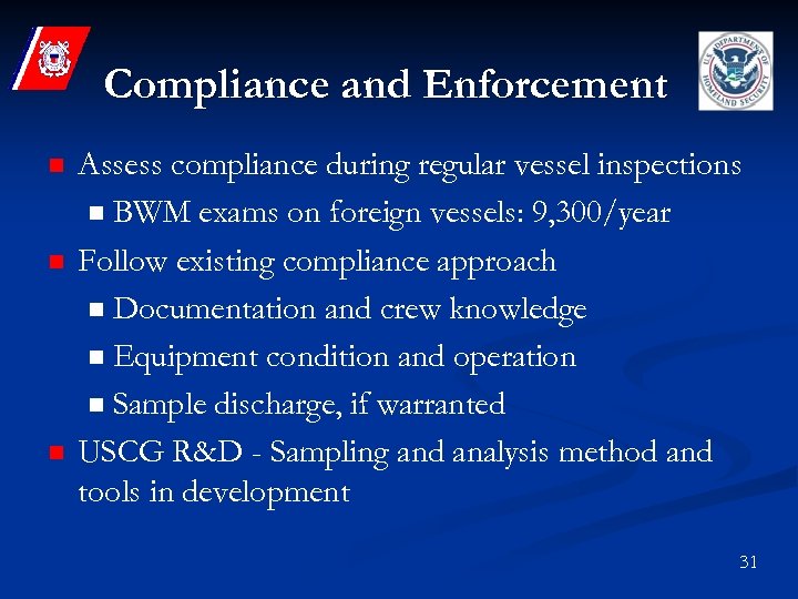 Compliance and Enforcement n n n Assess compliance during regular vessel inspections n BWM