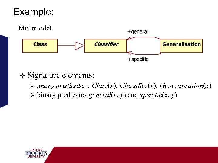 Example: Metamodel v Signature elements: Ø unary predicates : Class(x), Classifier(x), Generalisation(x) Ø binary