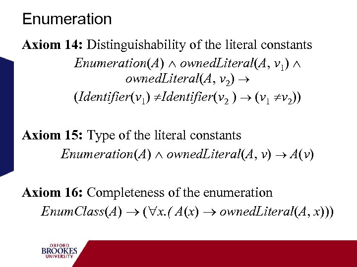 Enumeration Axiom 14: Distinguishability of the literal constants Enumeration(A) owned. Literal(A, v 1) owned.