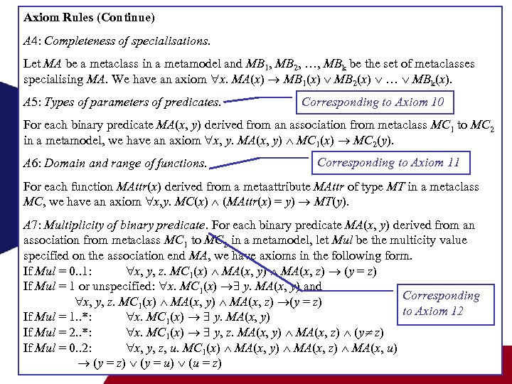 Axiom Rules (Continue) A 4: Completeness of specialisations. Let MA be a metaclass in