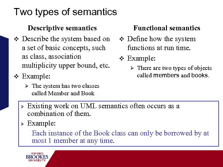 Two types of semantics Descriptive semantics Functional semantics v Describe the system based on