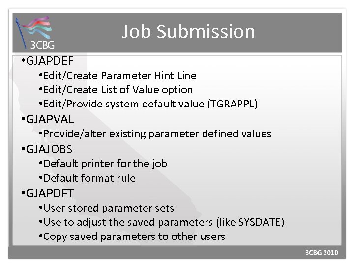 Job Submission • GJAPDEF • Edit/Create Parameter Hint Line • Edit/Create List of Value
