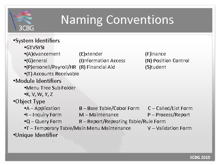 Naming Conventions • System Identifiers • GTVSYSI • (A)dvancement (E)xtender • (G)eneral (I)nformation Access