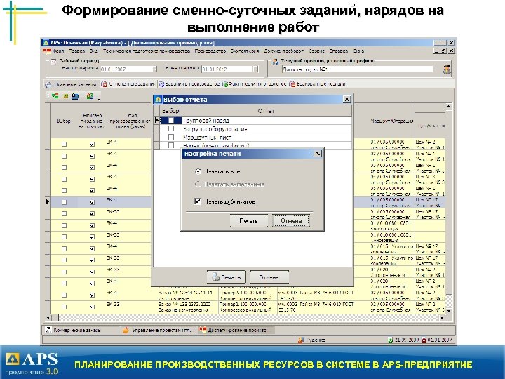 Формирование сменно-суточных заданий, нарядов на выполнение работ ПЛАНИРОВАНИЕ ПРОИЗВОДСТВЕННЫХ РЕСУРСОВ В СИСТЕМЕ В APS-ПРЕДПРИЯТИЕ