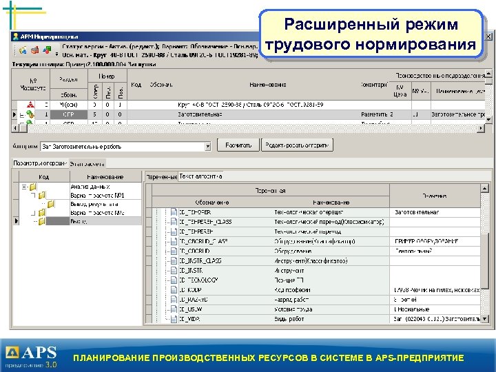 Расширенный режим трудового нормирования ПЛАНИРОВАНИЕ ПРОИЗВОДСТВЕННЫХ РЕСУРСОВ В СИСТЕМЕ В APS-ПРЕДПРИЯТИЕ 