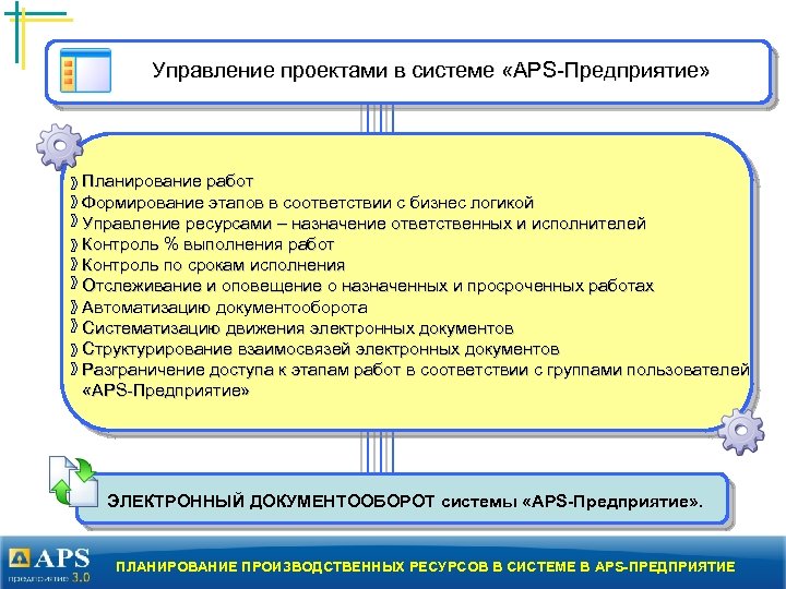 Управление проектами в системе «APS-Предприятие» Планирование работ Формирование этапов в соответствии с бизнес логикой