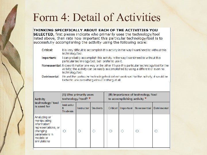Form 4: Detail of Activities 
