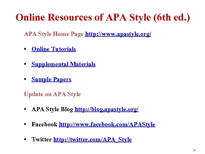 Online Resources of APA Style (6 th ed. ) APA Style Home Page http: