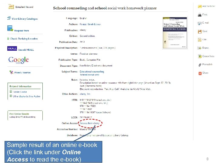 Sample result of an online e-book (Click the link under Online Access to read
