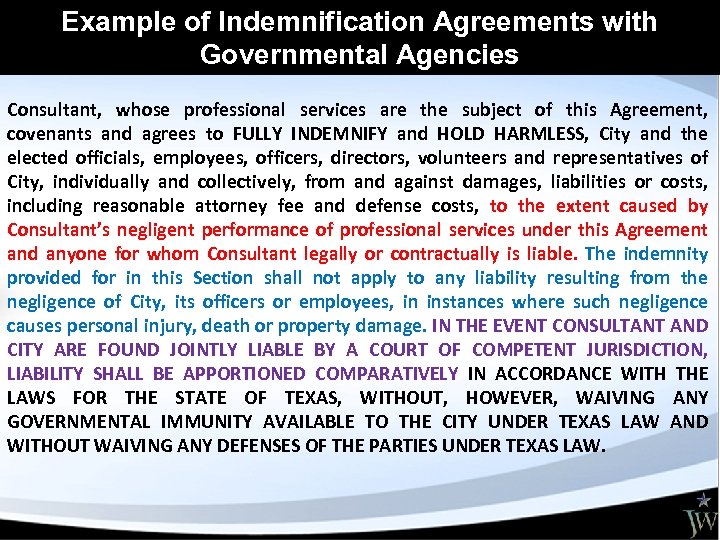 Example of Indemnification Agreements with Governmental Agencies Consultant, whose professional services are the subject