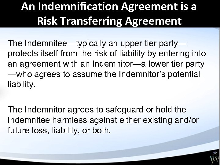 An Indemnification Agreement is a Risk Transferring Agreement The Indemnitee—typically an upper tier party—