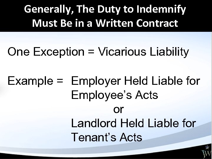 Generally, The Duty to Indemnify Must Be in a Written Contract One Exception =