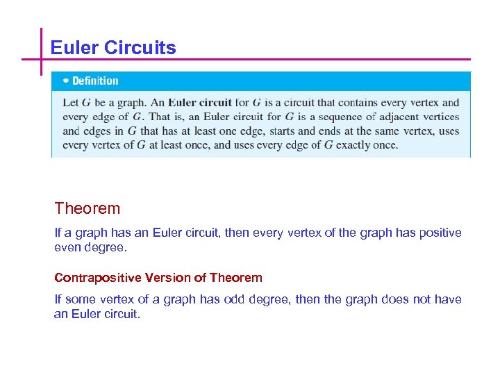 Euler Circuits Theorem If a graph has an Euler circuit, then every vertex of