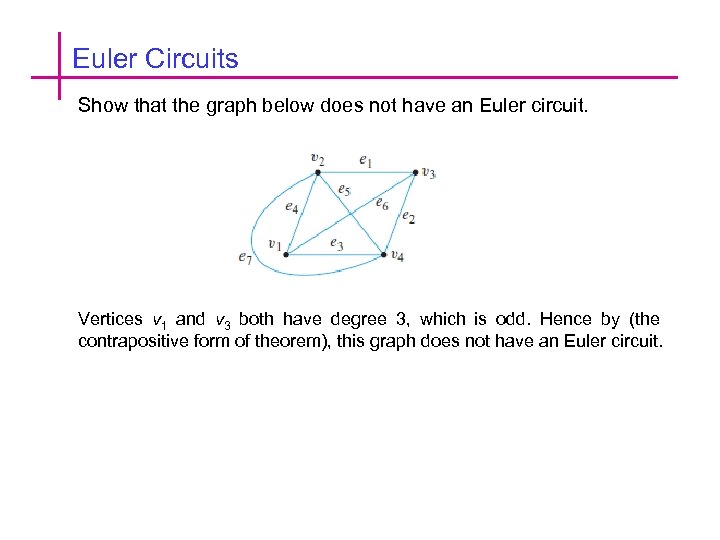 Euler Circuits Show that the graph below does not have an Euler circuit. Vertices