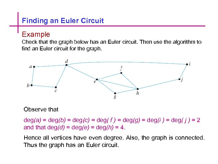 Finding an Euler Circuit Example Check that the graph below has an Euler circuit.