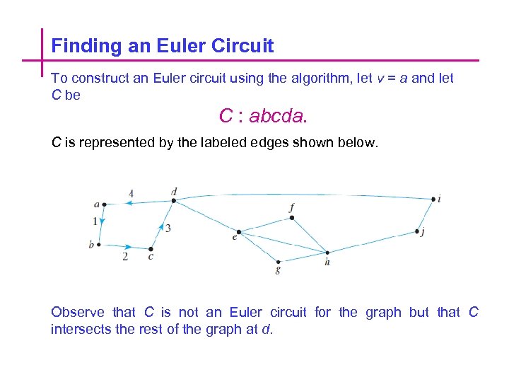 Finding an Euler Circuit To construct an Euler circuit using the algorithm, let v