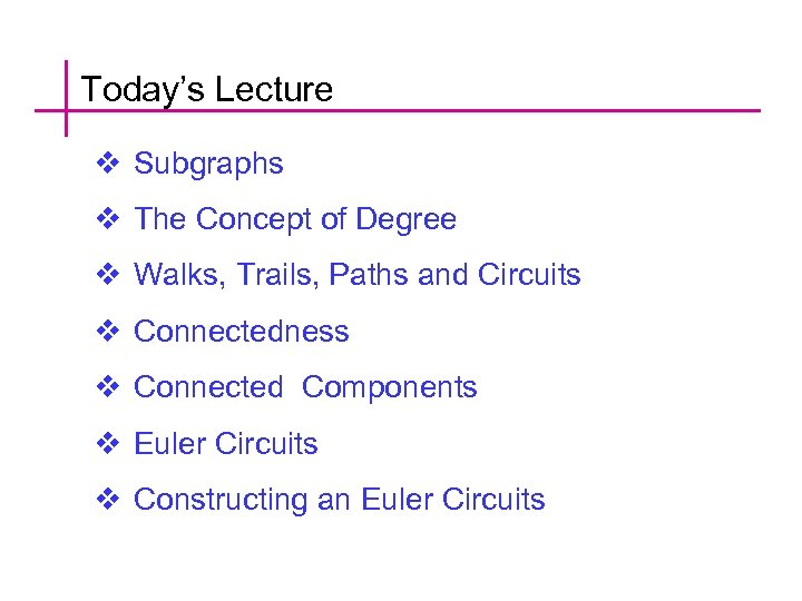 Today’s Lecture v Subgraphs v The Concept of Degree v Walks, Trails, Paths and