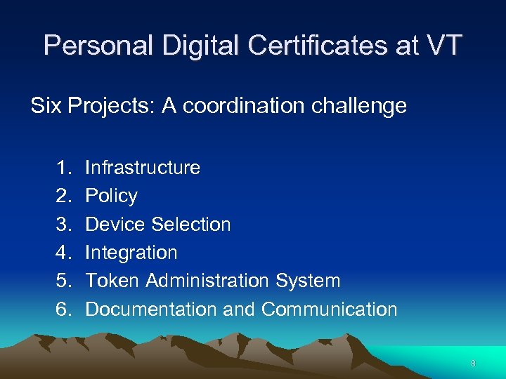 Personal Digital Certificates at VT Six Projects: A coordination challenge 1. 2. 3. 4.