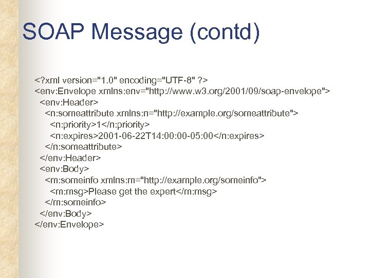 SOAP Message (contd) <? xml version="1. 0" encoding="UTF-8" ? > <env: Envelope xmlns: env="http: