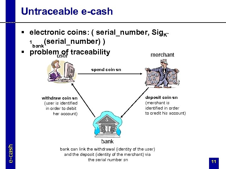 Untraceable e-cash § electronic coins: ( serial_number, Sig. K(serial_number) ) 1 bank § problem