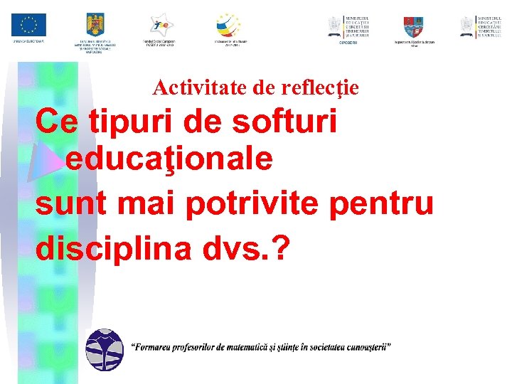 Activitate de reflecţie Ce tipuri de softuri educaţionale sunt mai potrivite pentru disciplina dvs.
