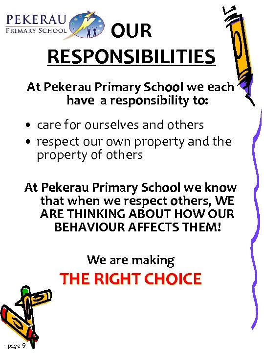 OUR RESPONSIBILITIES At Pekerau Primary School we each have a responsibility to: • care