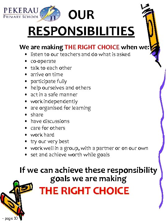 OUR RESPONSIBILITIES We are making THE RIGHT CHOICE when we: • • • •