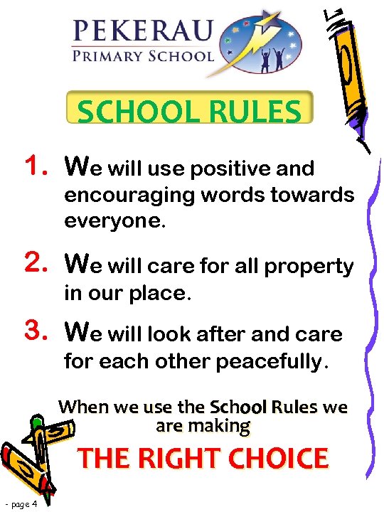 SCHOOL RULES 1. We will use positive and encouraging words towards everyone. 2. We