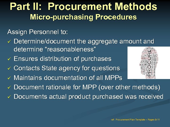 Part II: Procurement Methods Micro-purchasing Procedures Assign Personnel to: Determine/document the aggregate amount and