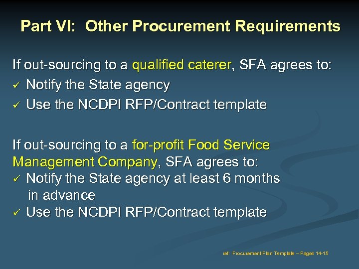 Part VI: Other Procurement Requirements If out-sourcing to a qualified caterer, SFA agrees to:
