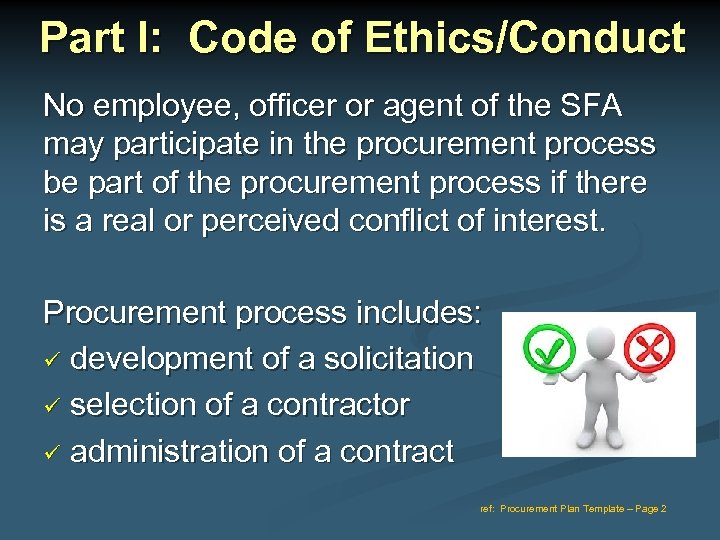 Part I: Code of Ethics/Conduct No employee, officer or agent of the SFA may