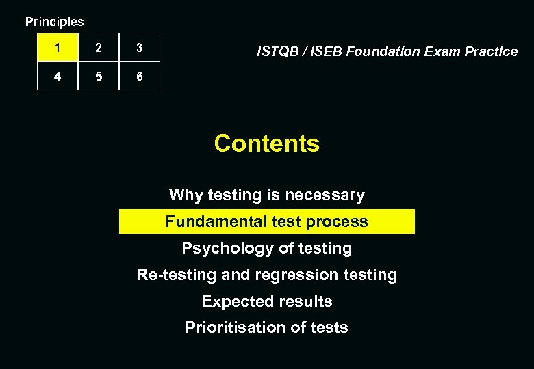 Principles 1 2 3 4 5 6 ISTQB / ISEB Foundation Exam Practice Contents