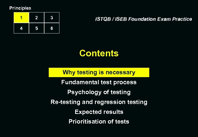 Principles 1 2 3 4 5 6 ISTQB / ISEB Foundation Exam Practice Contents