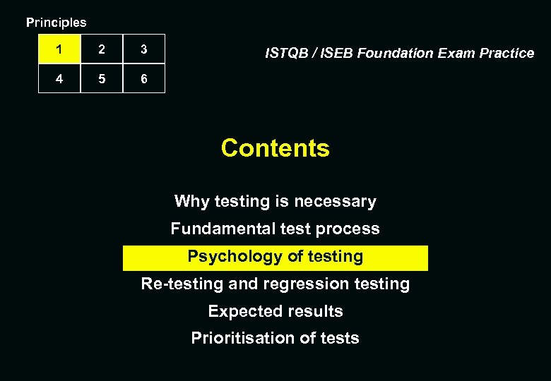 Principles 1 2 3 4 5 6 ISTQB / ISEB Foundation Exam Practice Contents