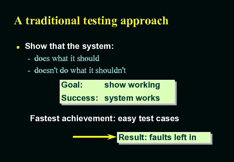 A traditional testing approach n Show that the system: - does what it should