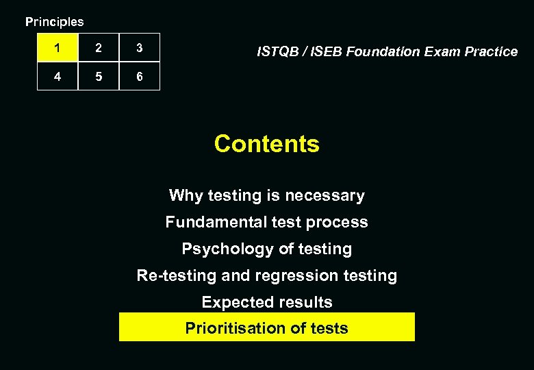 Principles 1 2 3 4 5 6 ISTQB / ISEB Foundation Exam Practice Contents