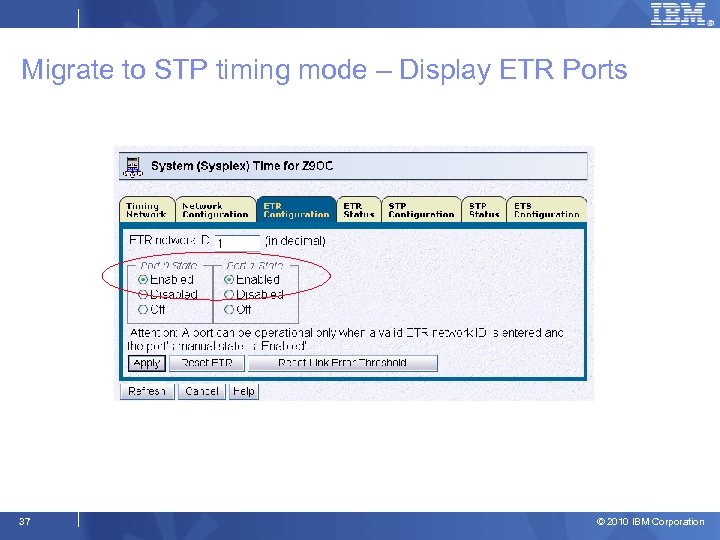 Migrate to STP timing mode – Display ETR Ports 37 © 2010 IBM Corporation