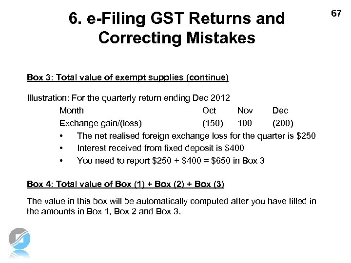 6. e-Filing GST Returns and Correcting Mistakes Box 3: Total value of exempt supplies