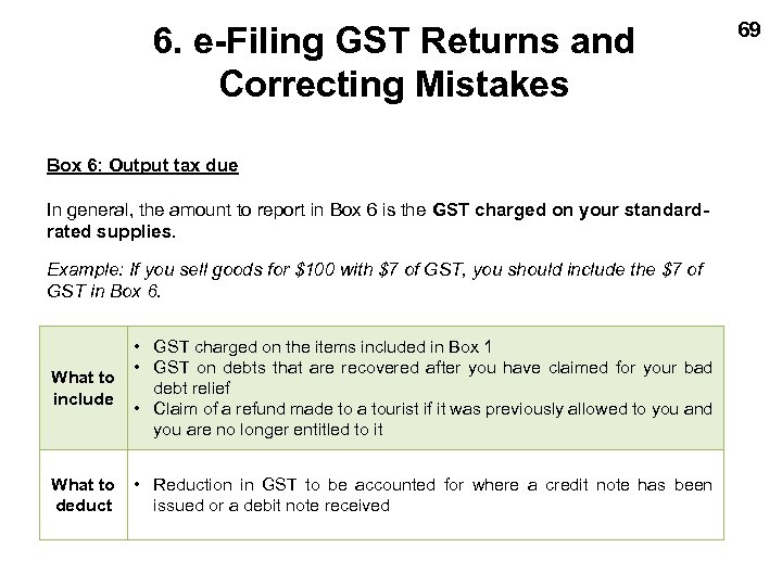 6. e-Filing GST Returns and Correcting Mistakes Box 6: Output tax due In general,